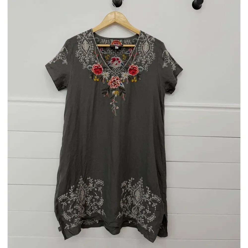 Women’s Johnny Was Assa Linen Draped Tunic Gray Embroidered Floral Small S - Picture 1 of 9